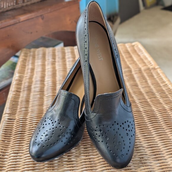 Nine West Block Heeled Pump | Size 9.5 | Black | high vamp | brogue detail EUC - Picture 1 of 10